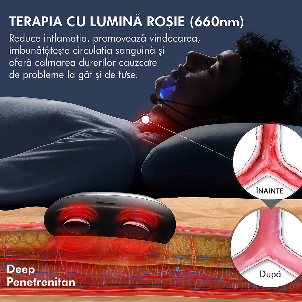 Dispozitiv Terapeutic cu Vibrații și Lumină pentru Calmarea Tusei și Susținerea Traheei