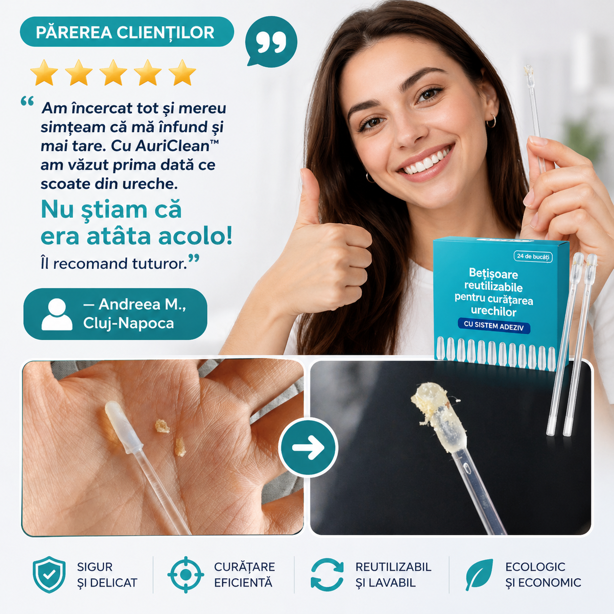 Bețișorul cu Vârf Adeziv care Extrage Ceara AuriClean™