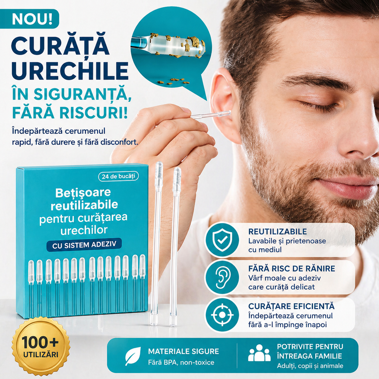 Bețișorul cu Vârf Adeziv care Extrage Ceara AuriClean™